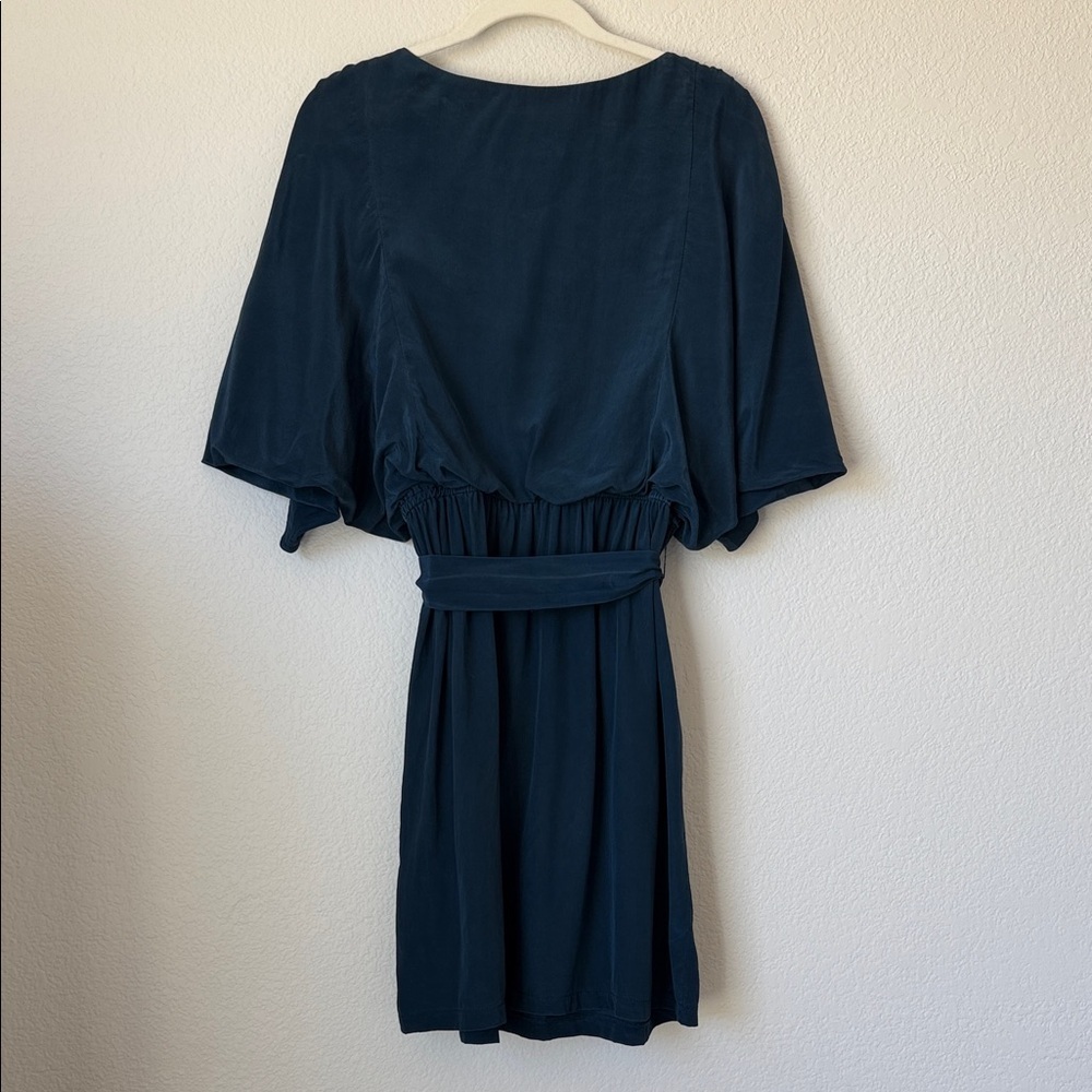 Suzi Chin for Maggy Boutique 100% Silk Navy Mini Dress with Tie Waist - Picture 3 of 13